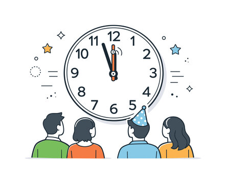 New Year countdown moment. People watch a large clock showing the final seconds before midnight. Quiet excitement, focus, and
