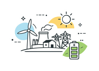 Naklejka premium Low-emission energy concept. A simplified power station icon paired with wind, sun, and battery symbols, abstract shapes floating to express