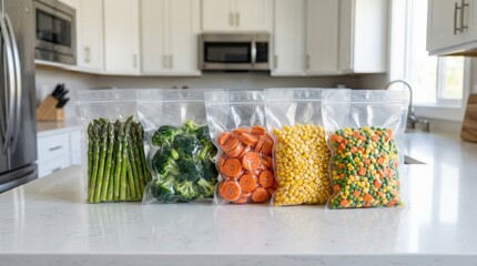 Vacuum-sealed bags of colorful frozen vegetables arranged on a bright kitchen counter