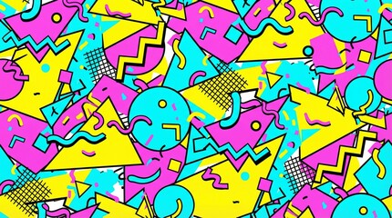 Obraz premium Vibrant abstract composition featuring bold geometric shapes in neon yellow, pink, and cyan, with triangles, circles, zigzags, and dotted textures creating a dynamic Memphis style