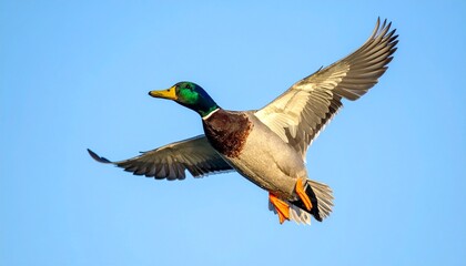 Obraz premium Pato salvaje volando con movimiento natural y alas extendidas, iluminación neutra y calidad 4K ideal para edición y composición.