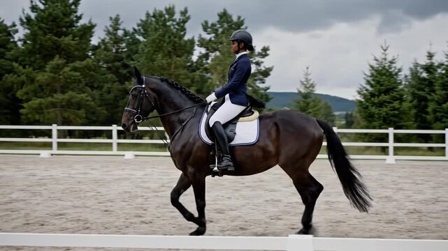 Female rider on dark horse in outdoor training arena