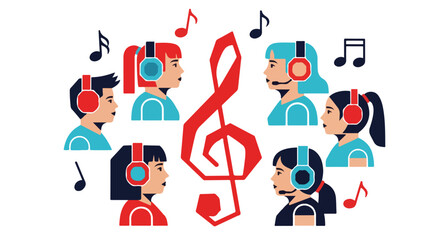 Fototapeta premium Children wearing headphones singing around a treble clef, representing music education and choir practice