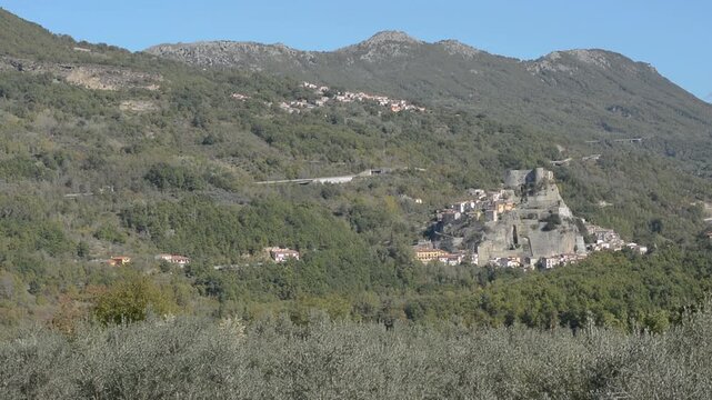 Medieval Village of Cerro al Volturno with Pandone Castle on a Rocky Cliff, Molise, Italy.