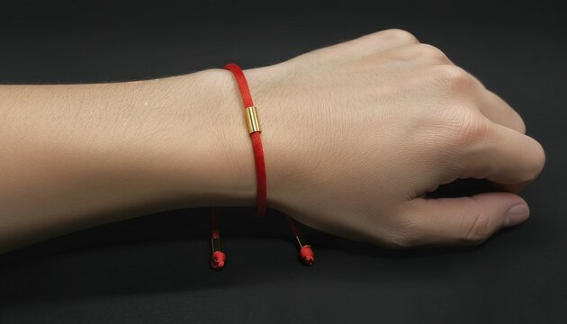 Minimalist red string bracelet with gold detail worn on wrist on dark background