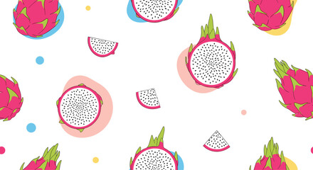 Tropical dragon fruit pattern with whole and sliced pieces in bright pink and white colors for exotic summer packaging design.
