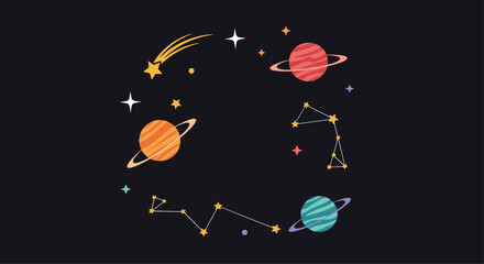 Circular solar system design with planets, stars, and constellations on a black background for educational space posters.