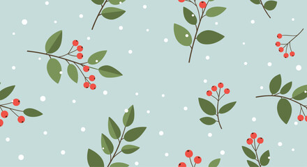 Winter berry pattern with red fruits on green branches accompanied by white dots like snow on a soft light blue background.