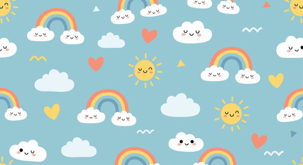 Happy nursery pattern featuring smiling suns, colorful rainbows, fluffy clouds, and small hearts on a soft blue sky background.