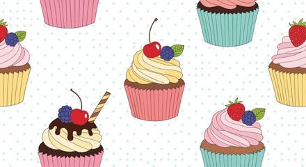 Seamless pattern featuring cute hand-drawn cupcakes decorated with cherries, berries, and frosting on a blue polka dot background.