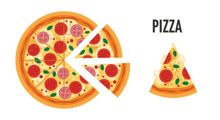 Delicious pizza illustration featuring a whole pie with a slice being removed and a single slice showing fresh toppings.