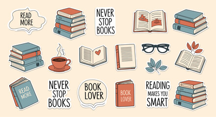 Book lover sticker collection with various book stacks, reading quotes, a coffee cup, and cozy accessories for library themes.
