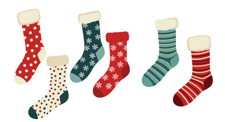 Collection of cozy winter socks with different festive patterns like snowflakes, polka dots, and stripes isolated on a white background.