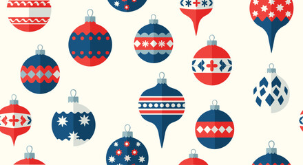 Festive seamless pattern with various red and blue christmas baubles and holiday ornaments in different shapes on a light background.