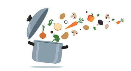Various fresh vegetables like carrots, broccoli, onions, and potatoes flying into a large cooking pot representing a healthy soup recipe.