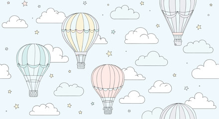 Gentle seamless pattern showing pastel hot air balloons floating among white fluffy clouds and stars in a clear light blue sky.