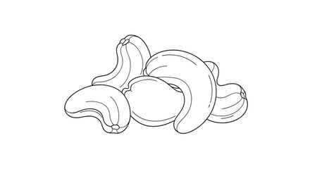 Group of cashew nuts shown in a minimalist black and white line art style for coloring or healthy food advertisement design.