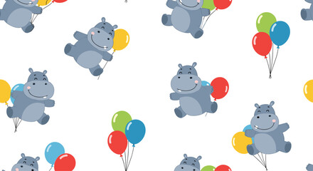 Whimsical and colorful seamless pattern featuring cute cartoon hippos flying through the air with many vibrant balloons.