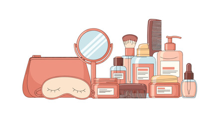 Comprehensive set of beauty cosmetics, skincare bottles, makeup, and grooming tools illustrated in soft pink pastel tones.