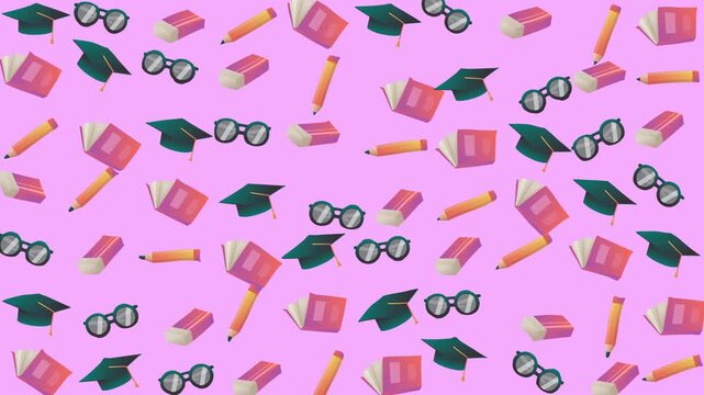 Random schoolrelated items pattern on pink. Suitable for educational designs, backtoschool promotions, and schoolthemed projects.