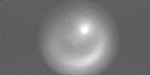 Black radial halftone circles. Dotted sound wave rings. Stippled epicenter, target, radar icon concept. Ripple concentric signal vibration element. Vector round dashed and dotted