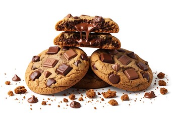 Fototapeta premium Delicious chocolate chip cookies stacked together isolated on white background