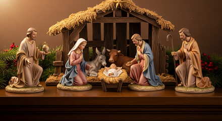 Fototapeta premium Nativity scene with detailed figures, warm lighting, festive atmosphere, soft focus