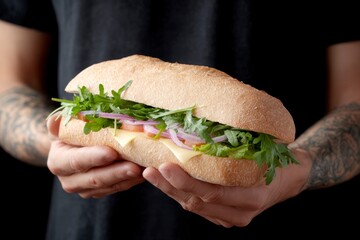 an oversized baguette sandwich with an abundance of cheese and vegetables, two hands with tattoos against a black background.