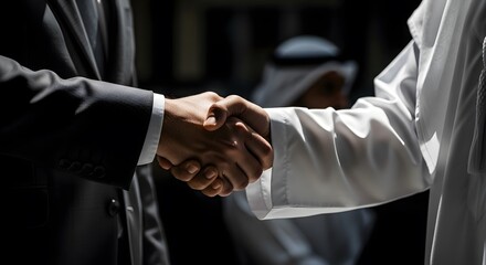 Fototapeta premium Successful business negotiation and partnership between Arab and Western executives. High-quality image for finance, intern.