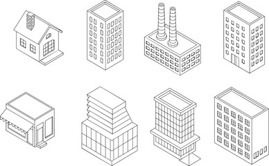 Set of Isometric Building Line Art Icons Featuring Minimalist Architecture Houses Factories Offices and Shops Isolated on White Background for City Map and Infographic Design