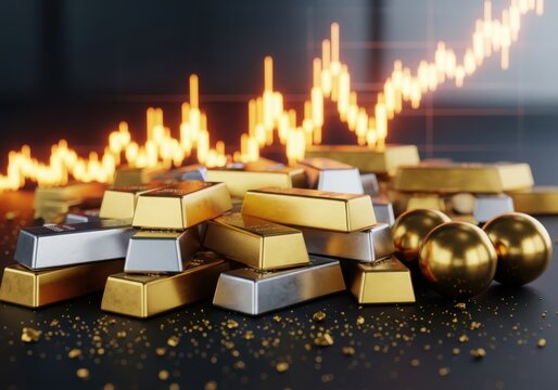 Gold and silver bars with financial chart background