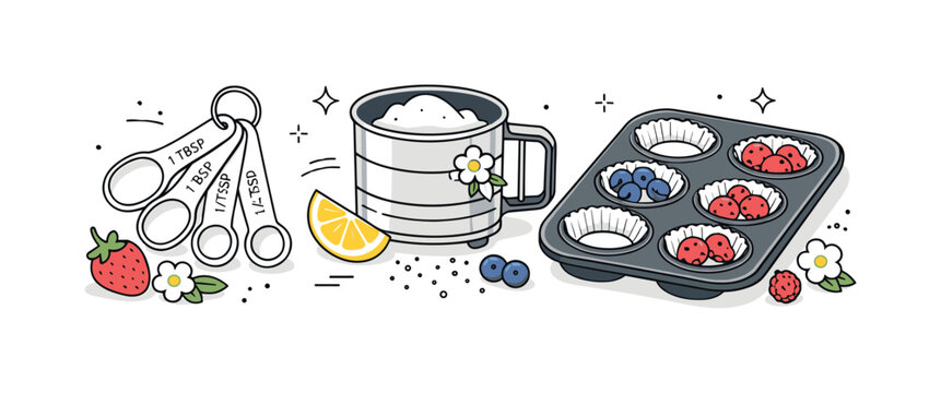 Bakery tools with spring accents. Measuring spoons, flour sifter and baking tray combined with fresh berries and citrus, suggesting seasonal