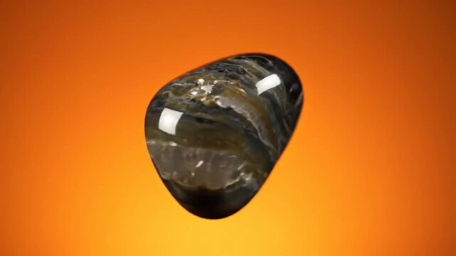 Close-up of a blue tigers eye gemstone rotating on an orange background, showcasing its chatoyancy and polished surface.