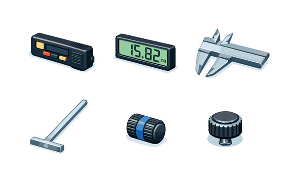 Digital calipers close-up. Isometric flat vector icons set of digital calipers close-up: digital caliper body, LCD measurement display,