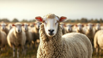 Fototapeta premium A close-up of a woolly sheep looking directly at the camera with a flock of sheep blurred in the background.