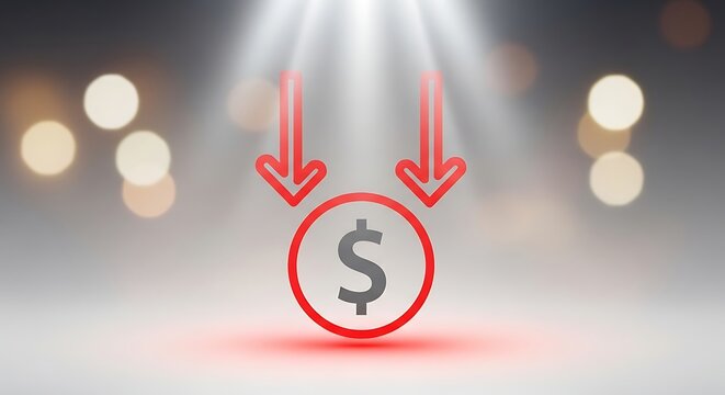 Red downward arrows around dollar sign symbol on blurred background