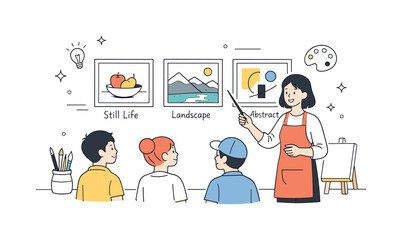 Exploring painting styles. An art teacher explaining different techniques using sample paintings on the wall, students engaged and curious.