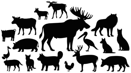 Vector, black, silhouette, set, of, various, wild, and, domestic, animals, including, moose, elk, wolf, deer, pig, cat, dog, and, rooster, for, nature, and, farm, design (25 words)