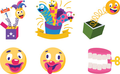 Naklejka premium April Fool Day Funny Emoji and Prank Illustration Set EPS with Surprise Boxes and Cartoon Faces