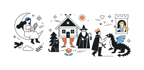 Obraz premium Modern Folklore Illustration. Folklore through modern illustration. A clean editorial scene reimagining traditional tales with simple shapes and contemporary
