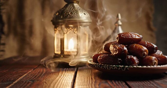 A beautifully arranged plate of dates beside a glowing lantern, with smoke wafting in the air
