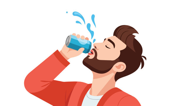 A cartoon man with brown hair and beard drinking from a blue cup on a white background.