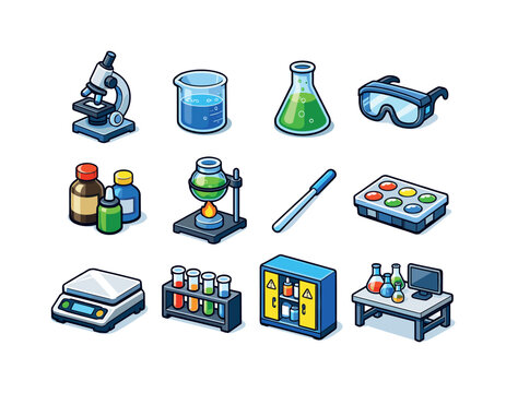Laboratory chemistry. Colorful isometric vector icons set of laboratory chemistry: microscope, lab beaker, conical flask, safety goggles,