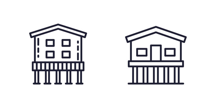 Stilt house line icons, buildings on stilts