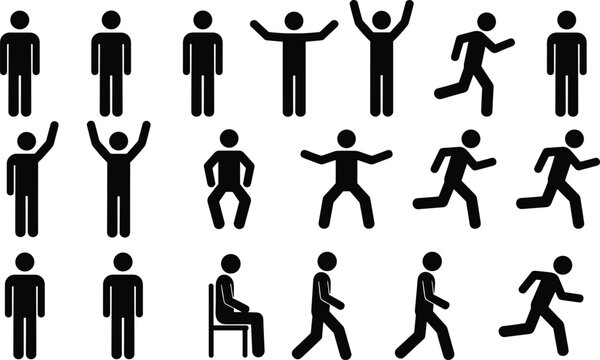Black silhouette icons of people in various poses and actions Keywords: people icons, silhouette, stick figures, human figures