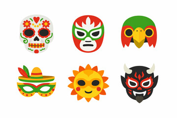 A vibrant collection of colorful masks and symbols for Dia de los Muertos celebrations