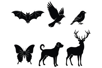 Obraz premium Black Silhouettes of Various Animals and Insects on White Background bird butterfly