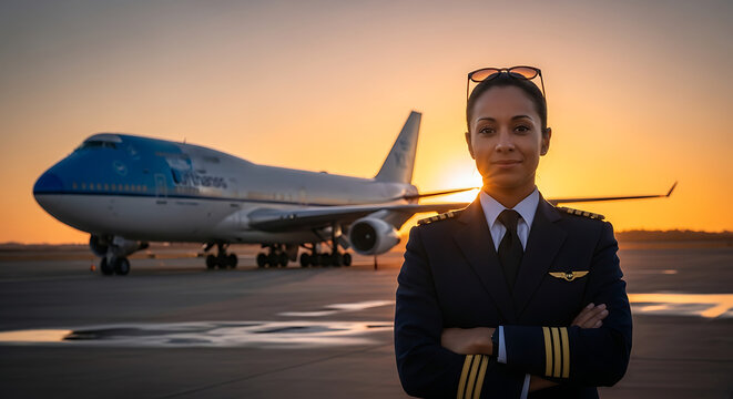 A female pilot in uniform stands confidently on the tarmac at sunset with an airplane behind her.