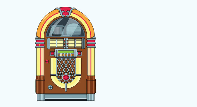 Colorful retro jukebox with glowing neon lights and a classic wooden frame for vintage music selection in a diner or bar setting.
