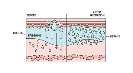 Diagram illustrating skin hydration showing moisture absorption in epidermis and dermis before and after